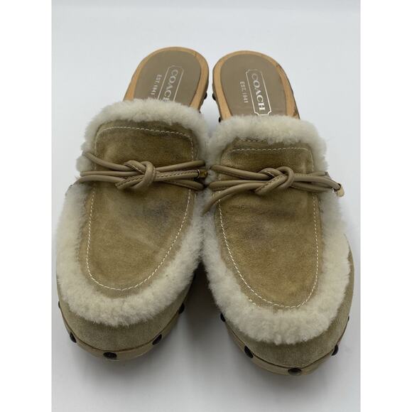 Vintage Y2K COACH RUTHIE Tan Suede SHEARLING Fur WOODEN CLOG Mules Sz 8 ITALY - Picture 3 of 8
